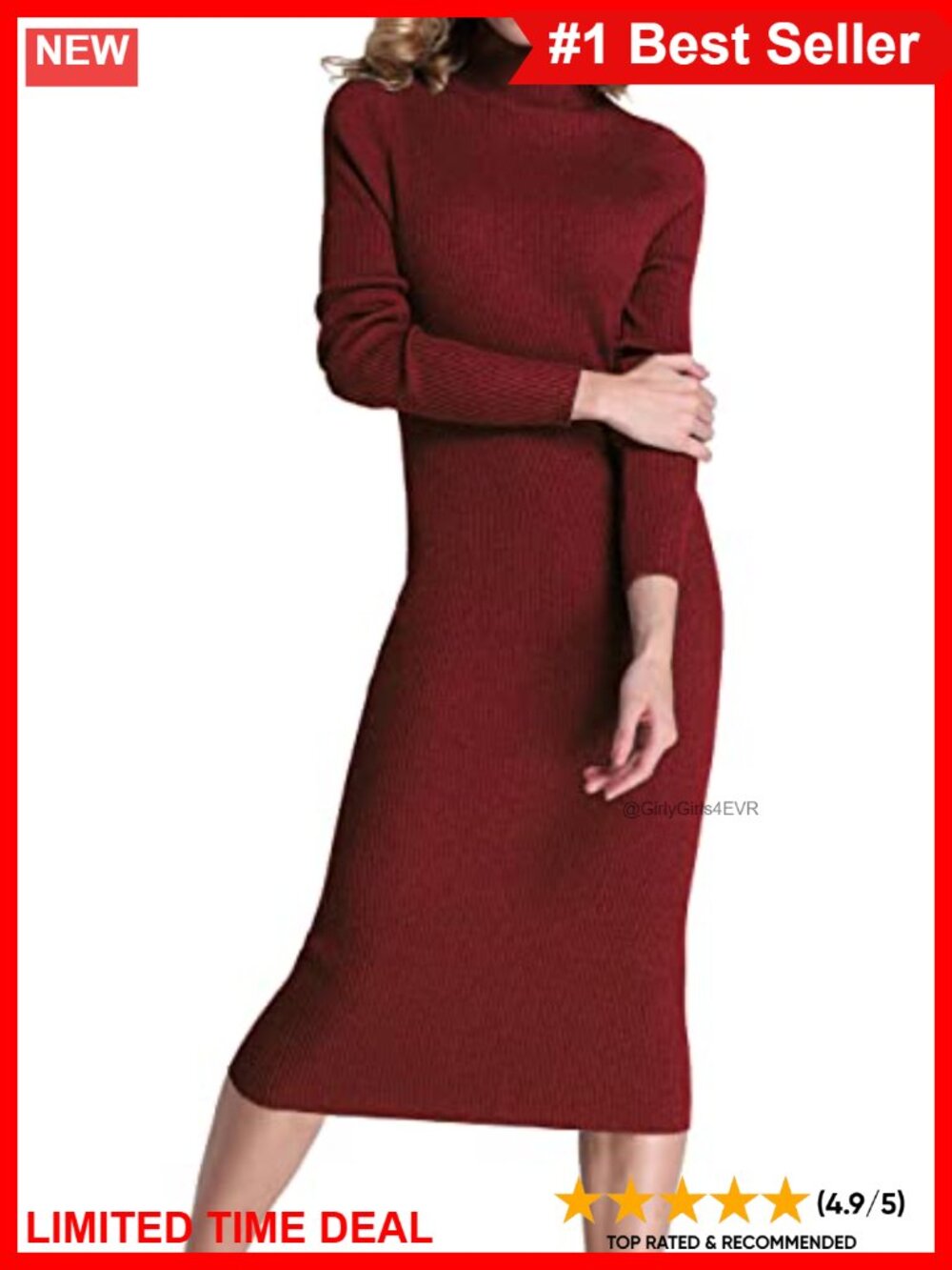 Rocorose Ribbed Knit Turtleneck Long Sleeve Midi Sweater Dress